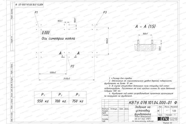 Котел на угле дровах 900 кВт с ОУР фундамент